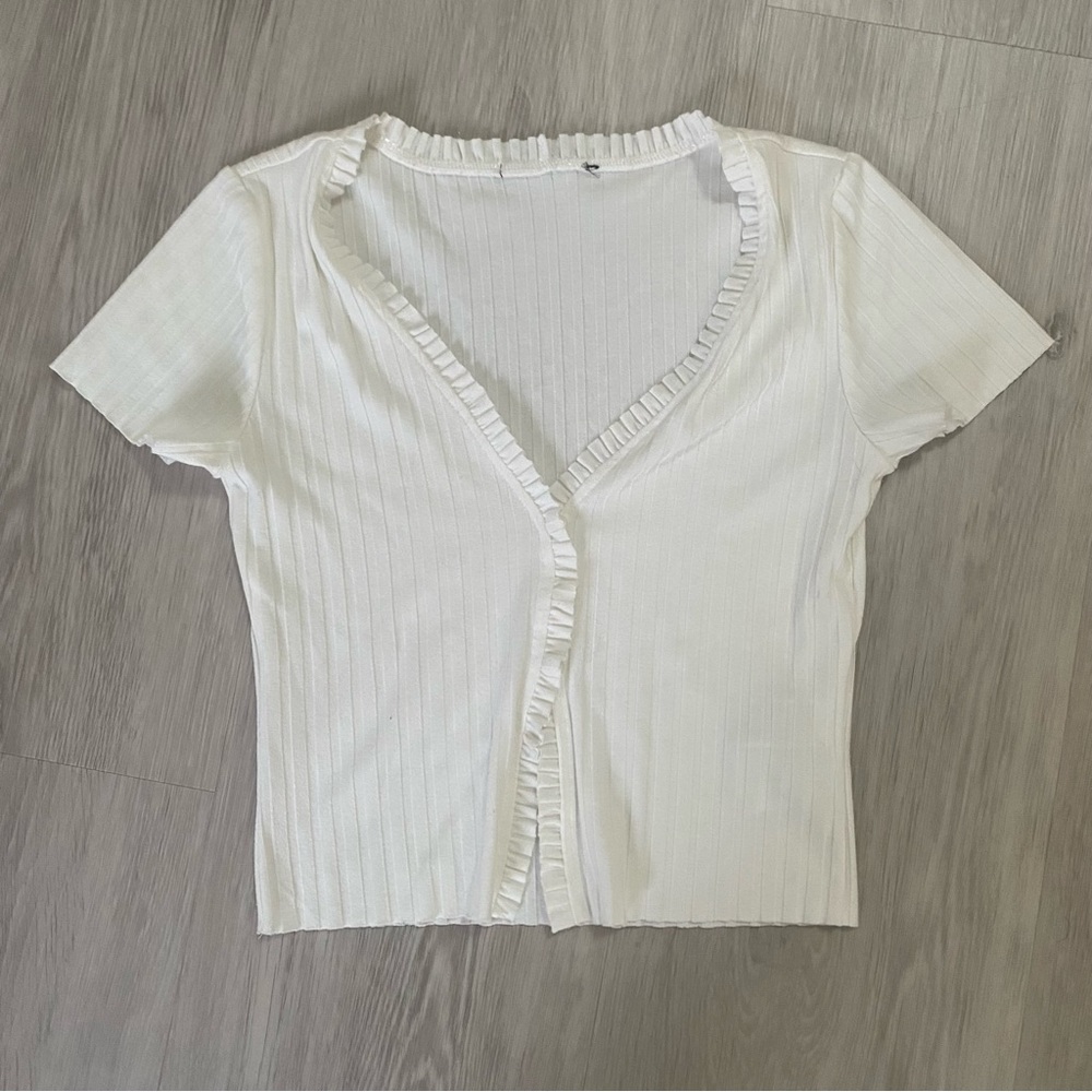 White Button Up Shrug Small Women Ruffle Ribbed